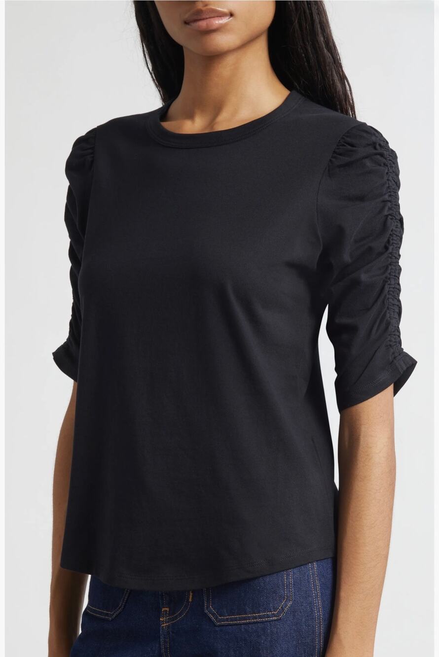 Veronica Beard Waldorf Ruched Sleeve T-shirt Women's XL Black Pima Cotton
